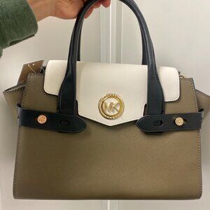 Michael Kors Carmen Small Flip Belted Leather Satchel in Olive Green Multi